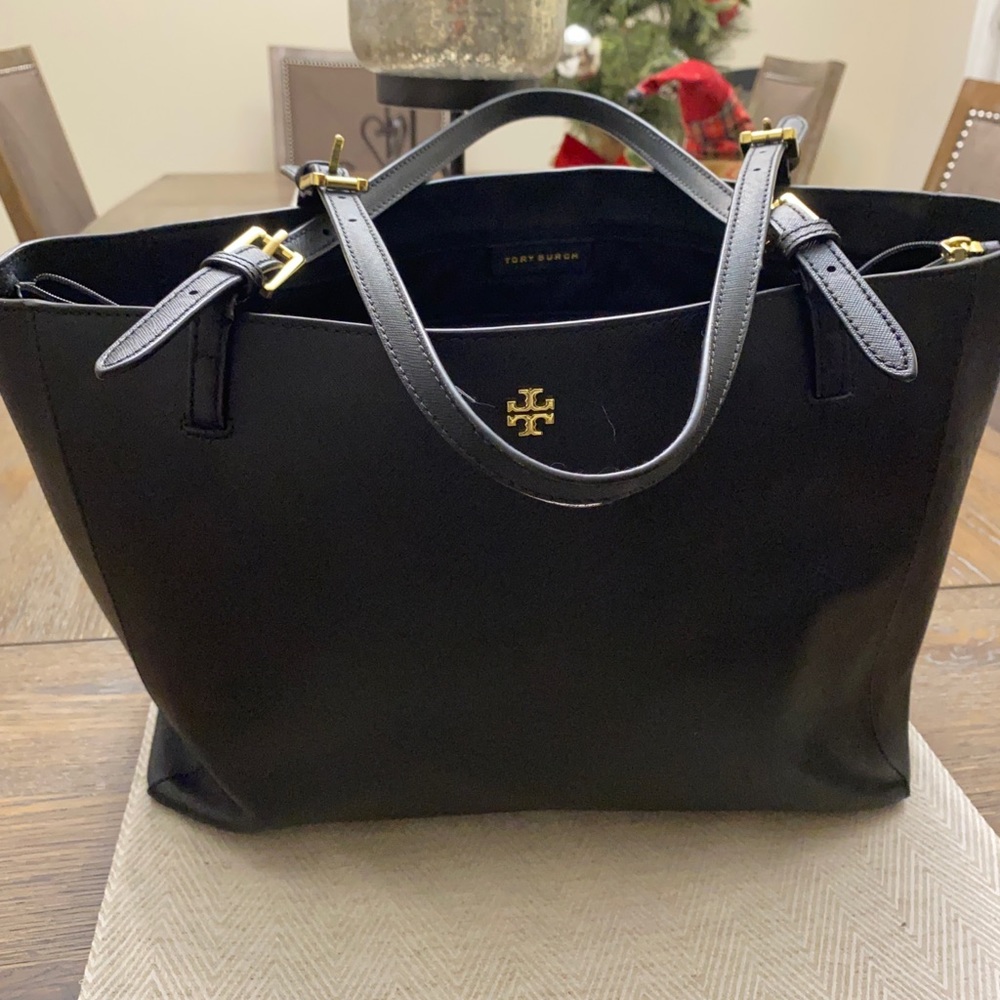 Tory Burch Saffiano Leather Shoulder Tote Handbag Purse Black Gold Hardware